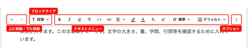 段落にカーソルを置いたときのツールバー